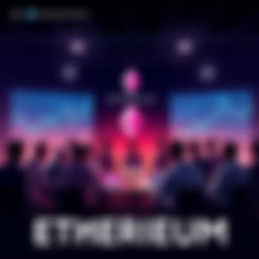 A group of people discussing Ethereum, with charts and graphs depicting price trends around them.