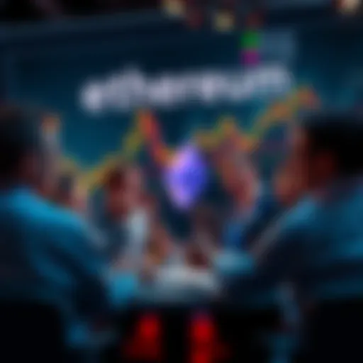 People engaging in a lively discussion about Ethereum with charts and graphs in the background