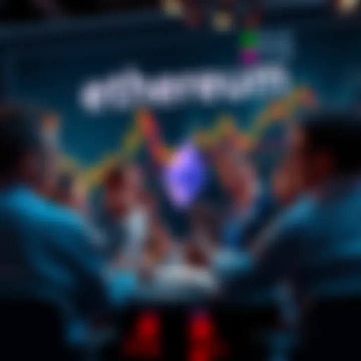 People engaging in a lively discussion about Ethereum with charts and graphs in the background