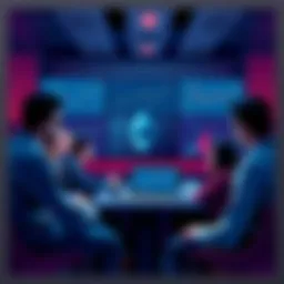 A group of people discussing Ethereum topics, with charts and graphs on screens, showcasing price trends and news updates.