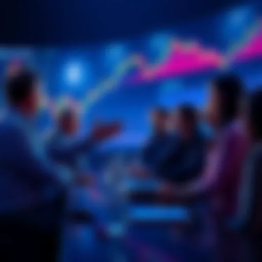 A group of people engaged in a lively discussion about Ethereum, with charts and graphs showing price trends in the background.