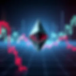 An Ethereum logo surrounded by a downward-trending graph, symbolizing recent market decline