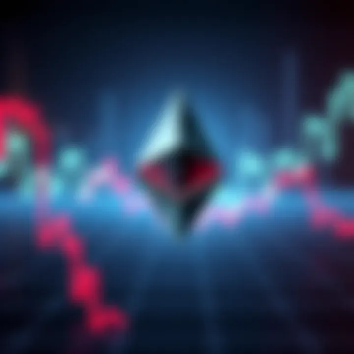 An Ethereum logo surrounded by a downward-trending graph, symbolizing recent market decline