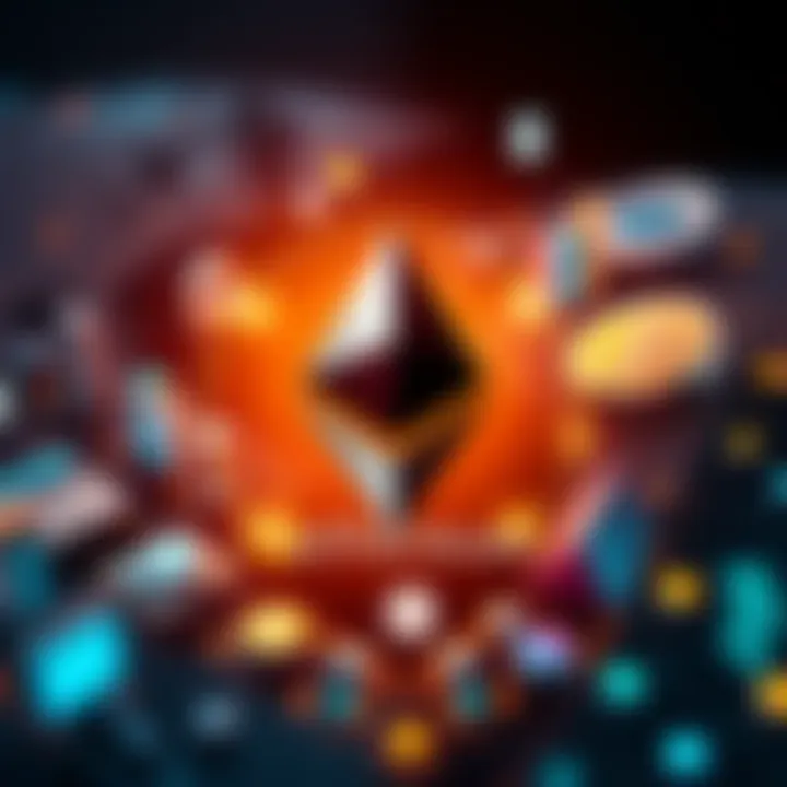 Ethereum logo surrounded by digital representations of global assets symbolizing finance