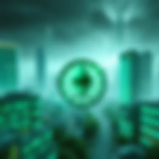 A visual representation of Ethereum blockchain technology speeding up real estate permit processes, showcasing a digital cityscape with green elements and clock symbolizing quick approvals.