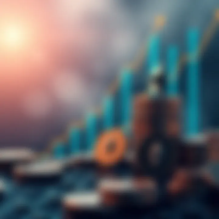 Graphic showing a rising chart with Ethereum symbols and a large amount of ETH stacked, representing growth in Ethereum staking.