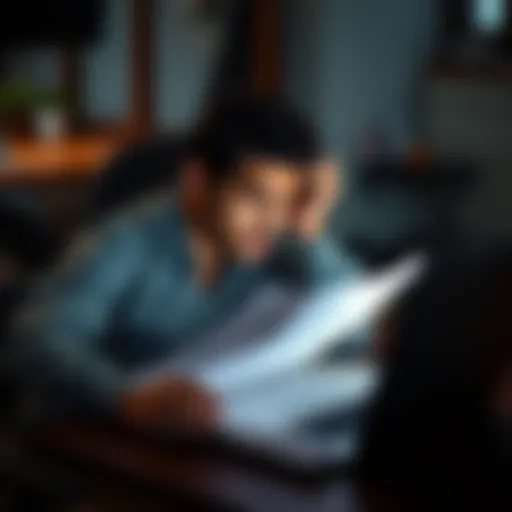 A person looking stressed while reviewing tax documents related to Ethereum trades, with a laptop and receipts on the table.