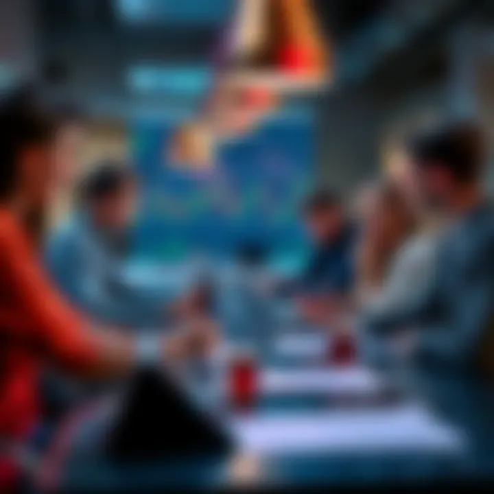 A group of people engaged in a lively discussion about Ethereum trading and DeFi, sharing insights and strategies at a table with laptops and charts.