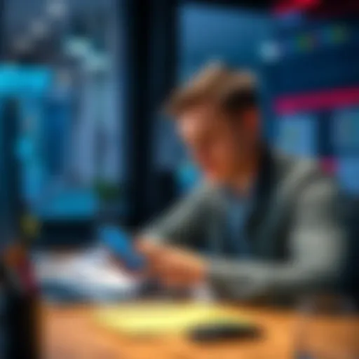 An EU citizen at a desk looking at a smartphone with the Revolut app open