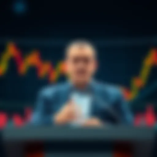 Eugene Fama speaking at a podium about Bitcoin's future with financial charts in the background