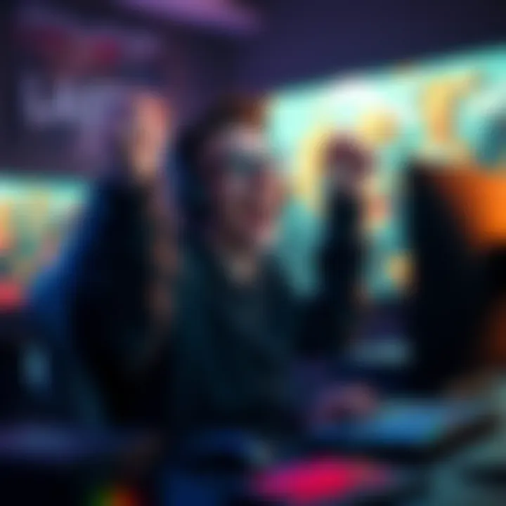 A gamer with a big smile celebrating a win in front of their computer screen, surrounded by gaming gear.