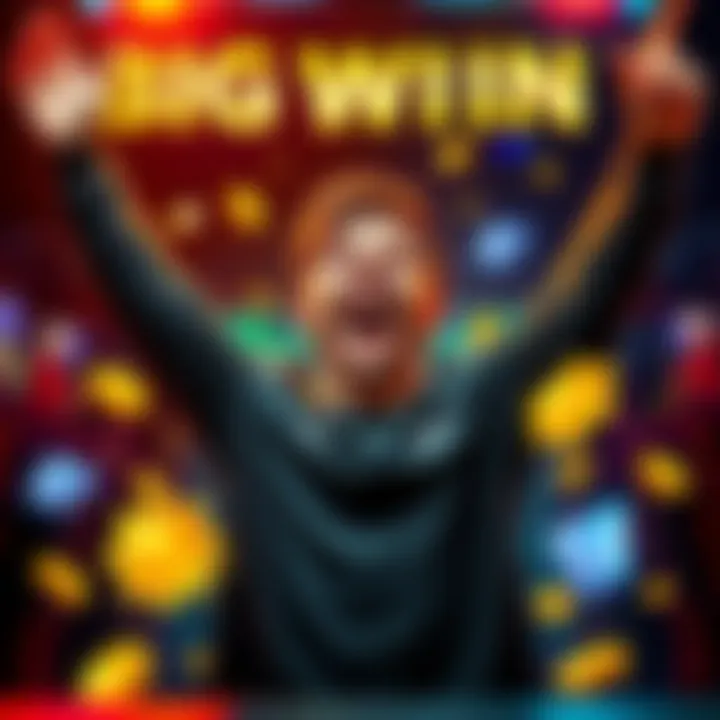 Excited Player Celebrating Wins A happy player celebrating their gaming success with arms raised and a big smile, surrounded by virtual rewards and icons symbolizing big wins.