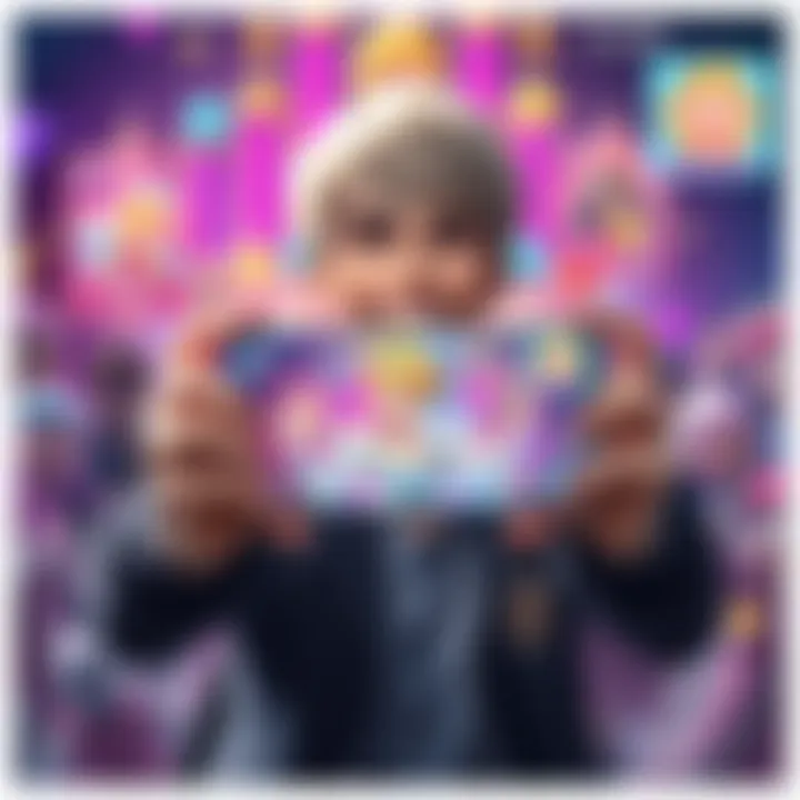 Excited player showcasing Cinderella A player with a big smile holds their phone displaying Cinderella, a character from a gacha game, surrounded by colorful game graphics.