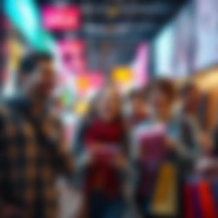 A group of happy shoppers looking at sale items with smiles, enjoying discounts and having fun together