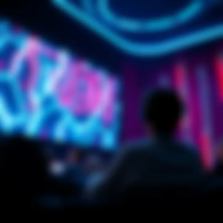 A person sitting in a dark room watching TRON: Legacy on a large screen, filled with colorful lights from the movie, showing excitement and amazement.