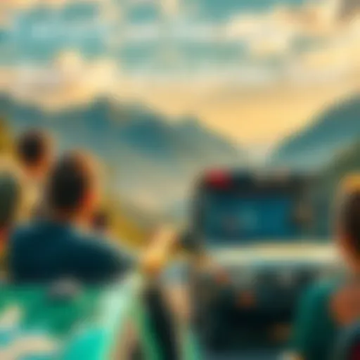 A group of friends driving on a scenic road with mountains and trees around them, enjoying their adventure.