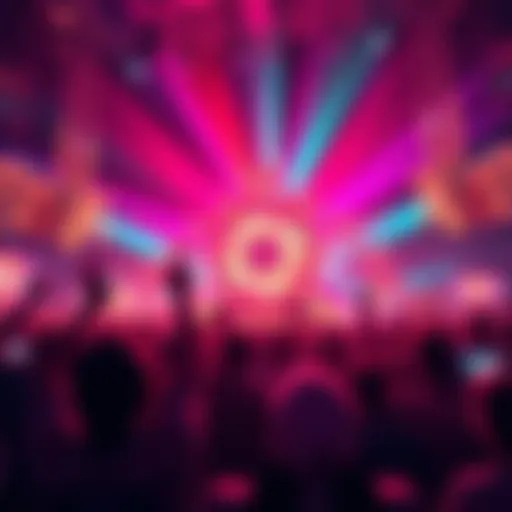 A vibrant scene showcasing a Spin event, with a crowd of people cheering and colorful lights in the background.