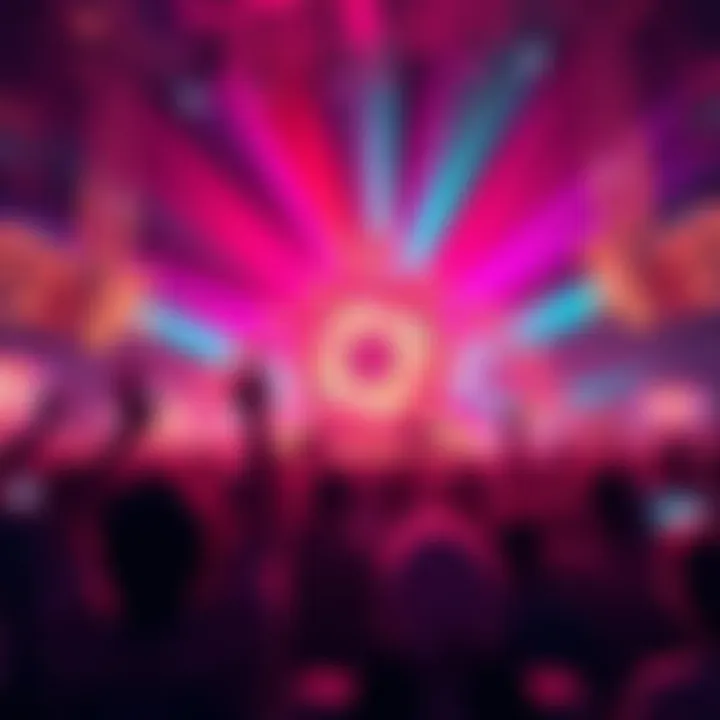 A vibrant scene showcasing a Spin event, with a crowd of people cheering and colorful lights in the background.