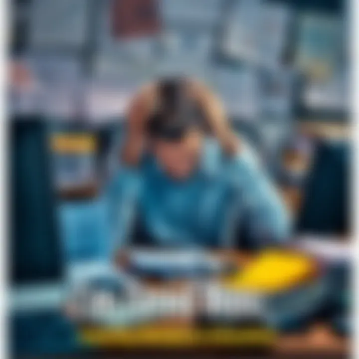 A tired employee sitting at a cluttered desk with their head in their hands, surrounded by paperwork and a computer, illustrating workplace exhaustion.