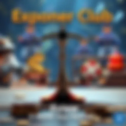 A graphic showing a balance scale comparing costs of Explorer Club membership and free-to-play options in a game, with money symbols and game elements in the background.