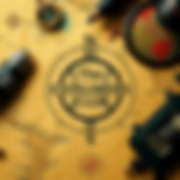Explorers Club logo on a map An Explorers Club logo displayed on a vintage map with a compass and adventure gear around it