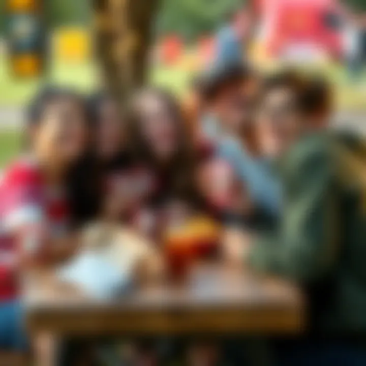 A group of friends happily sharing extra ketchup packets at a picnic, smiling and laughing together.