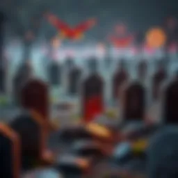 A graveyard scene with broken cryptocurrency symbols, representing failed projects like Nano and IOTA, surrounded by tombstones labeled with their names.