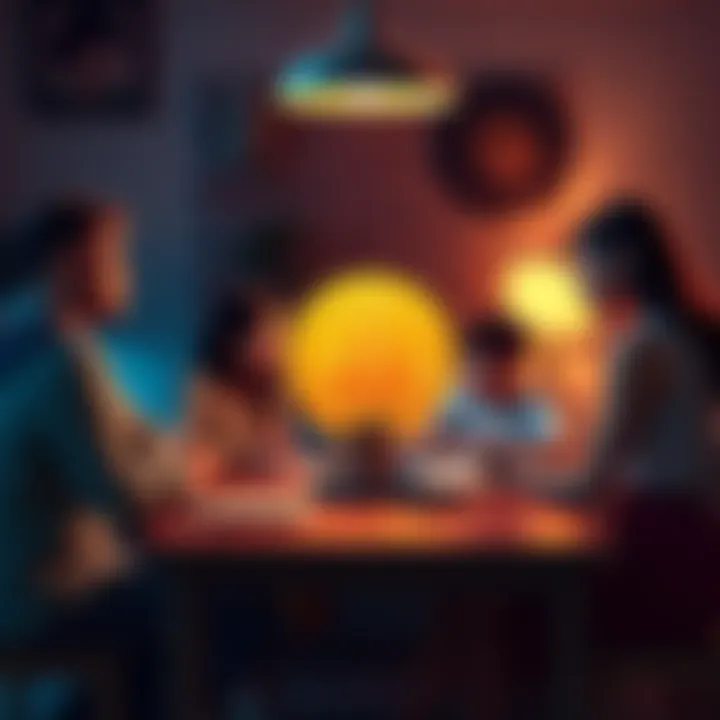Family discussion about Bitcoin investment A concerned family sits around a table discussing a sister's Bitcoin investment with worried expressions