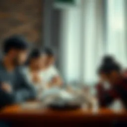 A worried family sits around a table, discussing their blocked funds from Revolut, with expressions of concern and frustration.