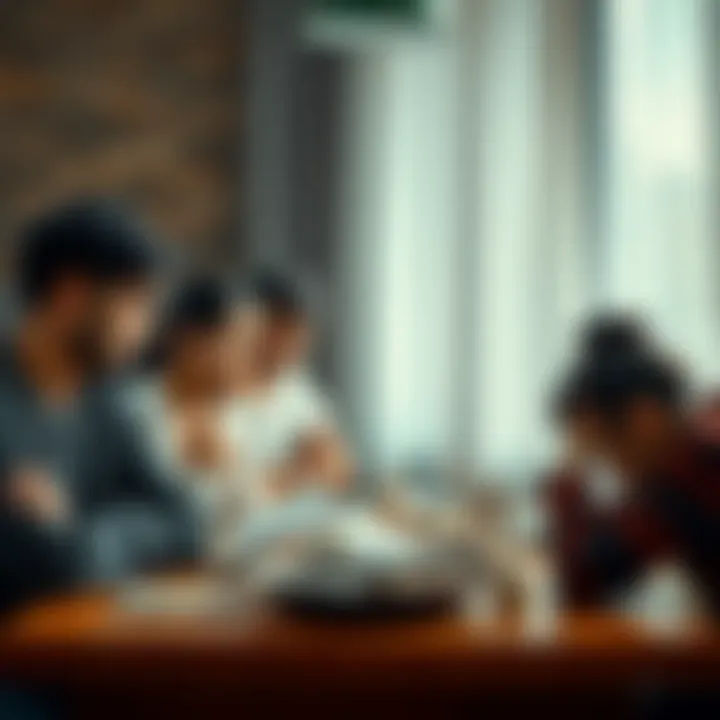 A worried family sits around a table, discussing their blocked funds from Revolut, with expressions of concern and frustration.