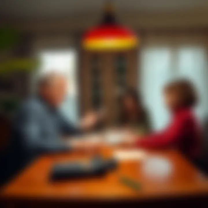 A family sitting at a dining table with paperwork and a calculator, discussing their finances and potential move due to high taxes in Illinois.