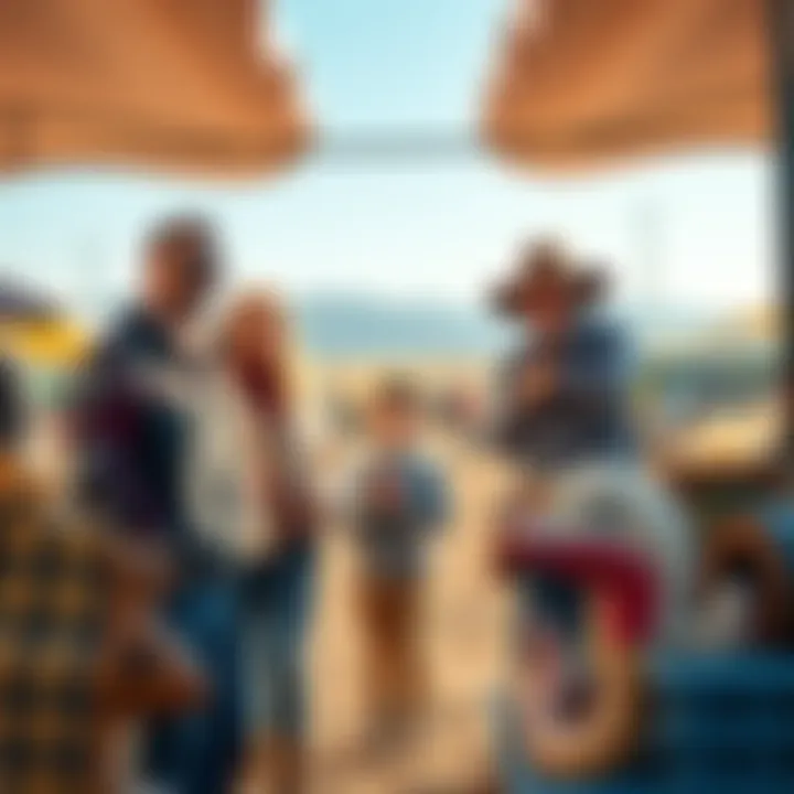 A family stands excitedly at an outdoor auction in Jackson during their Yellowstone visit, surrounded by various items up for bid.