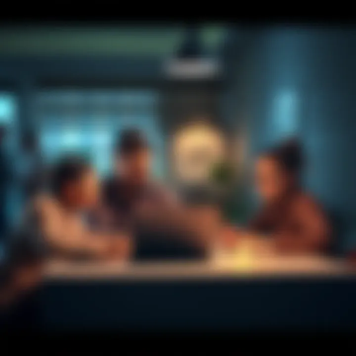 A family sitting around a table talking about cryptocurrency investments with a laptop open