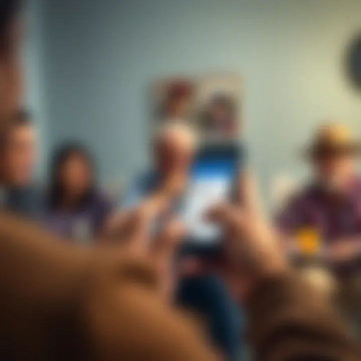 A person scrolling through Facebook on a smartphone, looking at a post shared by their conservative uncle, with a family gathering in the background.