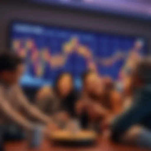 A joyful family gathering with people smiling and talking together, set against a backdrop of a fluctuating cryptocurrency graph on a screen.