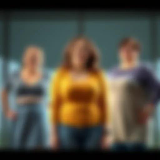 A woman stands with her busty relatives, showing smiles and laughter, representing shared family traits
