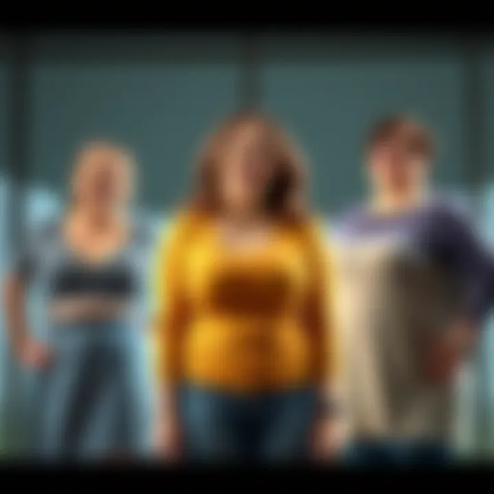 A woman stands with her busty relatives, showing smiles and laughter, representing shared family traits