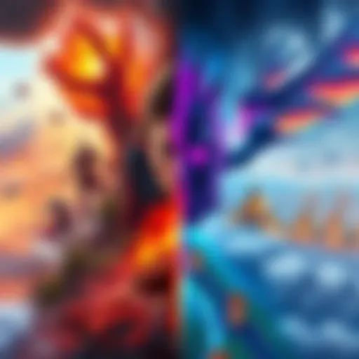 A split image showing a vibrant fantasy world on one side and a realistic cityscape on the other, highlighting the differences between the two realms.