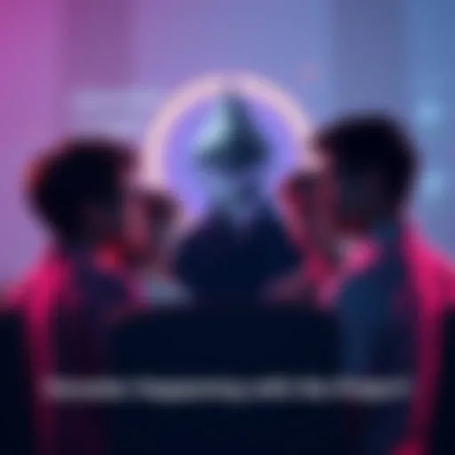 A group of people discussing changes in a tech project, representing shifts in leadership and direction, with Ethereum logo in the background.
