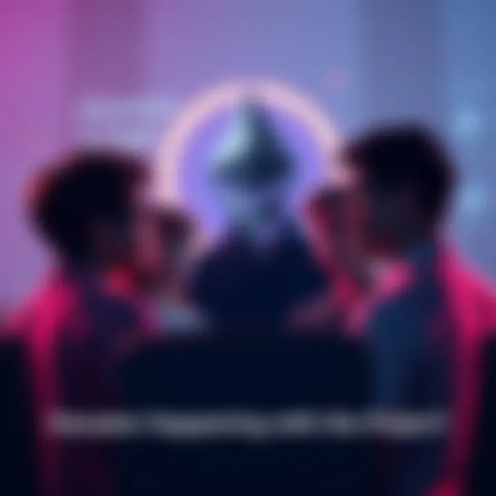 A group of people discussing changes in a tech project, representing shifts in leadership and direction, with Ethereum logo in the background.