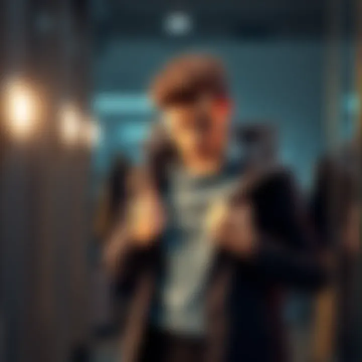 A person trying on a shirt that fits well in the chest but has long sleeves and slipping shoulders, looking frustrated in front of a mirror.