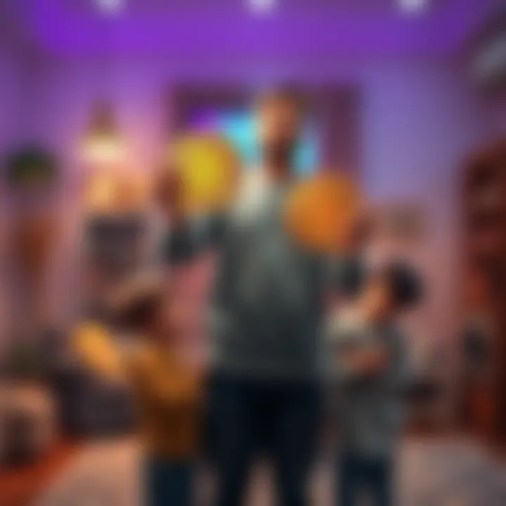 A father holds two Bitcoins while standing with his two young sons, contemplating their future in a cozy living room filled with family photos.