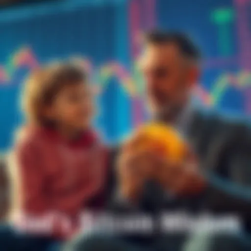 A young adult and their father calmly talking about cryptocurrency market trends with charts in the background, showing fluctuating prices.
