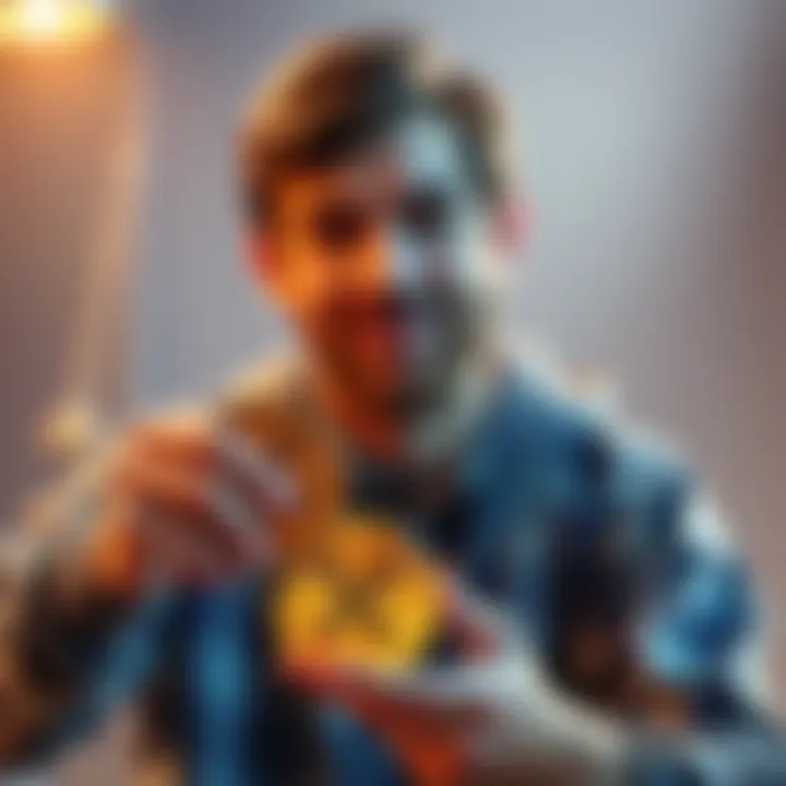 A father holding two coins, representing his investment in XRP for his children's future, with a hopeful expression.