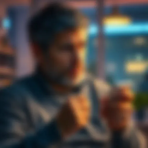 A concerned father looks at a smartphone showing a money transfer app, worried about a payment made to a scammer.