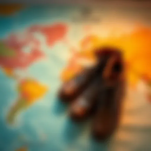 A close-up of fashionable boots resting on a world map, symbolizing travel and adventure