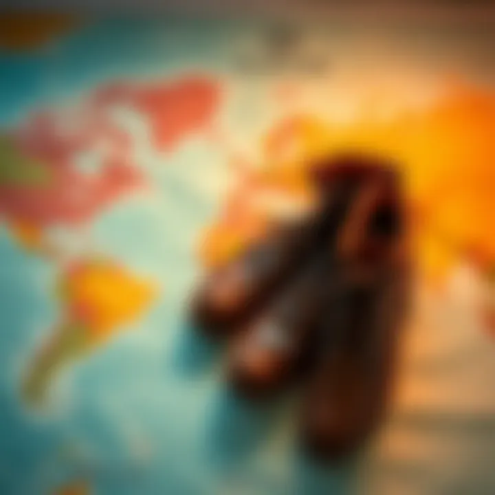 A close-up of fashionable boots resting on a world map, symbolizing travel and adventure
