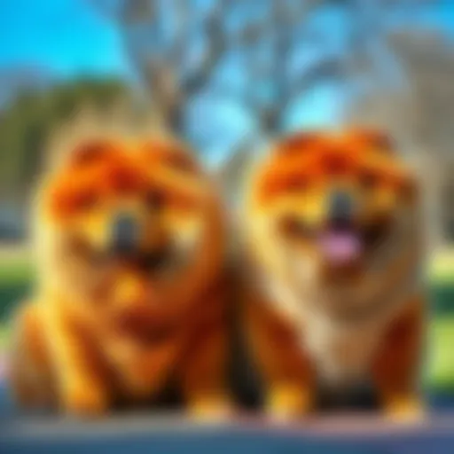 A female chow and a male chow sitting side by side in a park, showcasing their physical differences and expressions.