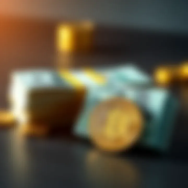 A visual comparison between fiat currency and Bitcoin, showing a stack of cash next to a Bitcoin symbol, representing their competition in the monetary system.