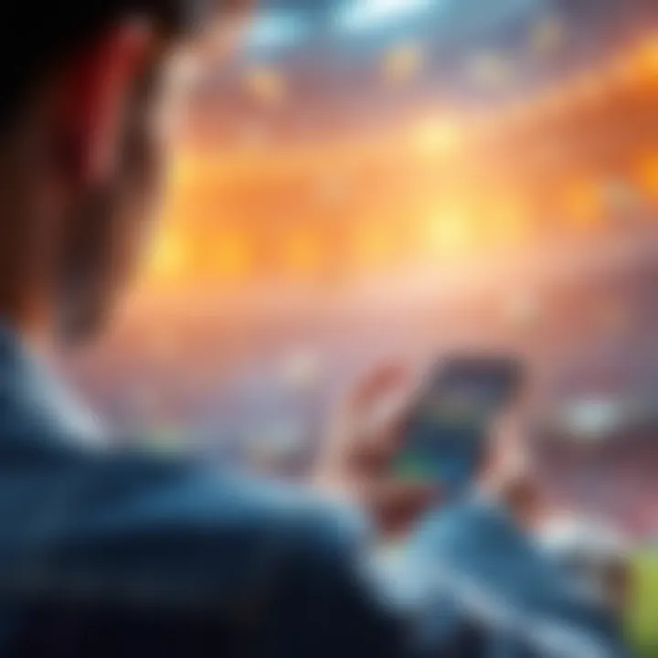 A person placing a bet on a smartphone, with soccer symbols and money graphics in the background.